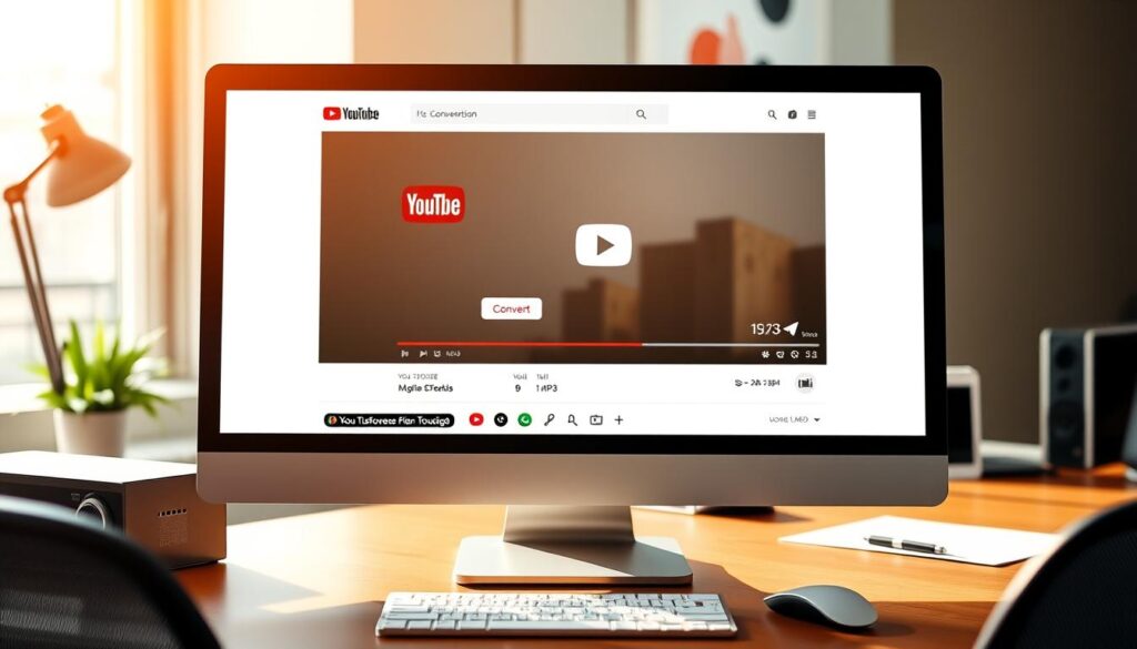 A modern, sleek desktop computer display showcasing a visually appealing YouTube to MP3 converter interface. The foreground features a clean, minimalist design with intuitive controls and a prominent "Convert" button. The middle ground depicts a YouTube video player window alongside an MP3 file download progress bar. The background subtly fades into a stylish, productivity-focused workspace with a keyboard, mouse, and other office accessories. The lighting is warm and natural, creating a professional, trustworthy atmosphere. The composition emphasizes simplicity, efficiency, and the seamless conversion experience.