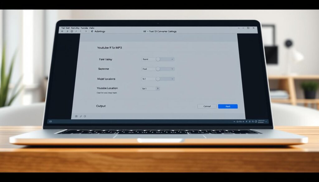 High-resolution, photorealistic image of a laptop computer screen displaying the settings of a YouTube to MP3 converter software. The laptop is placed on a wooden desk with a minimalist, modern office setup in the background. The screen shows a clean, intuitive interface with various options and sliders for adjusting the conversion quality, file format, and output location. The lighting is natural, soft, and diffused, creating a warm, inviting atmosphere. The camera angle is slightly elevated, giving a clear, unobstructed view of the laptop screen and the surrounding environment.